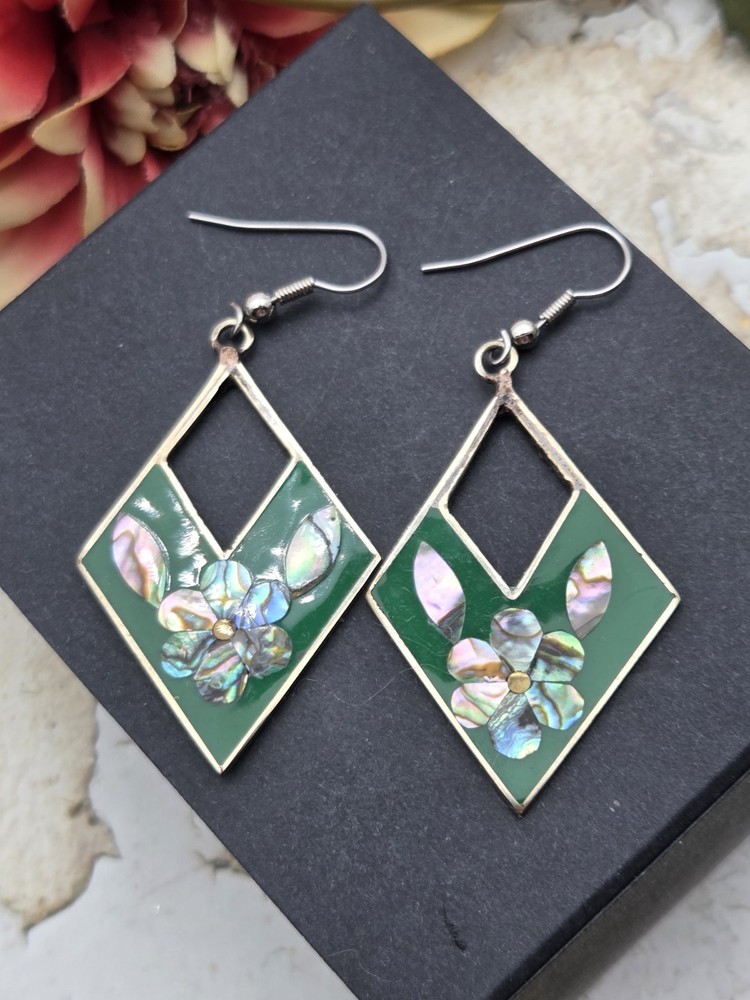Vintage Alpaca Mexican Silver Abalone Earrings Pierced Flowers Inlay Green