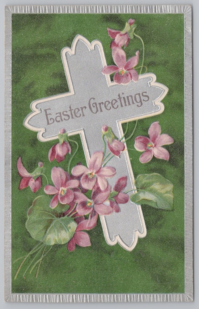 Holiday~Easter~Violets Around Silver Cross~Vintage Postcard