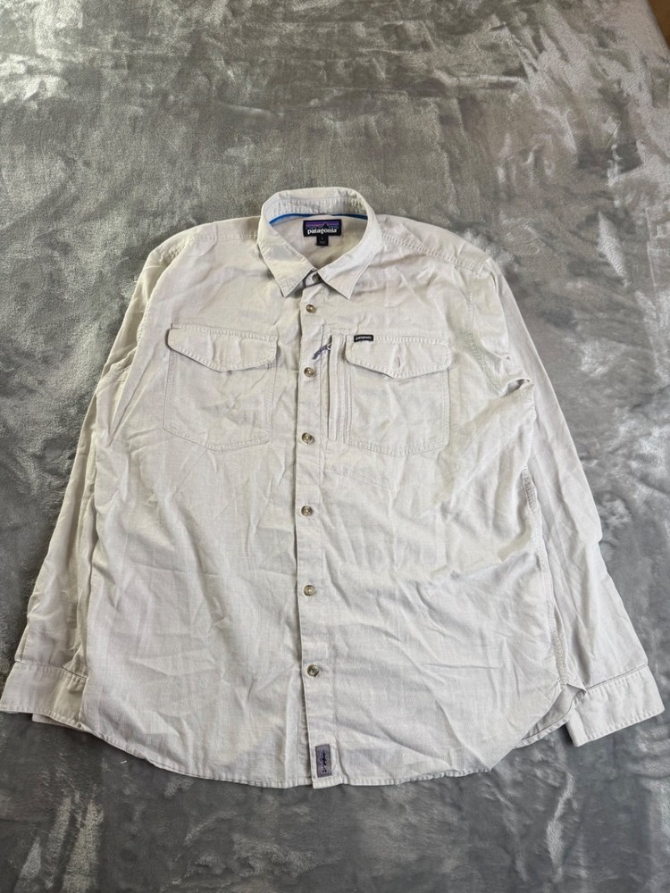 Patagonia Fitz Roy Trout Fishing Shirt Mens Large L Gray Linen Blend Long Sleeve