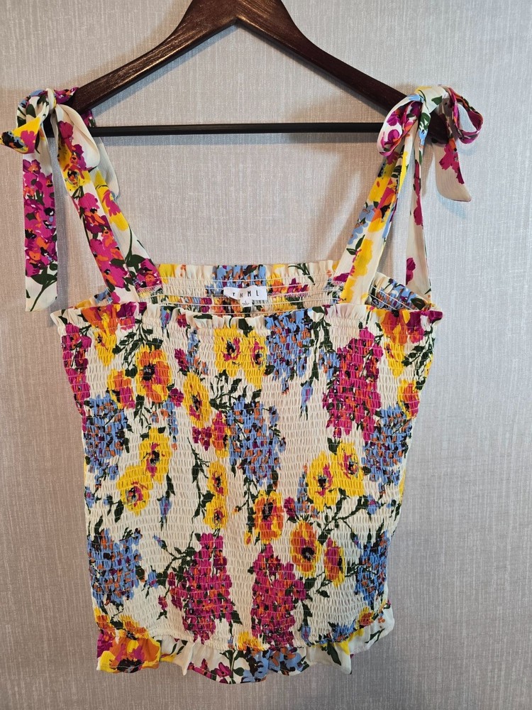 Floral Smocked Tank Top With Tie Straps By THML Size L Polyester  Multicolor