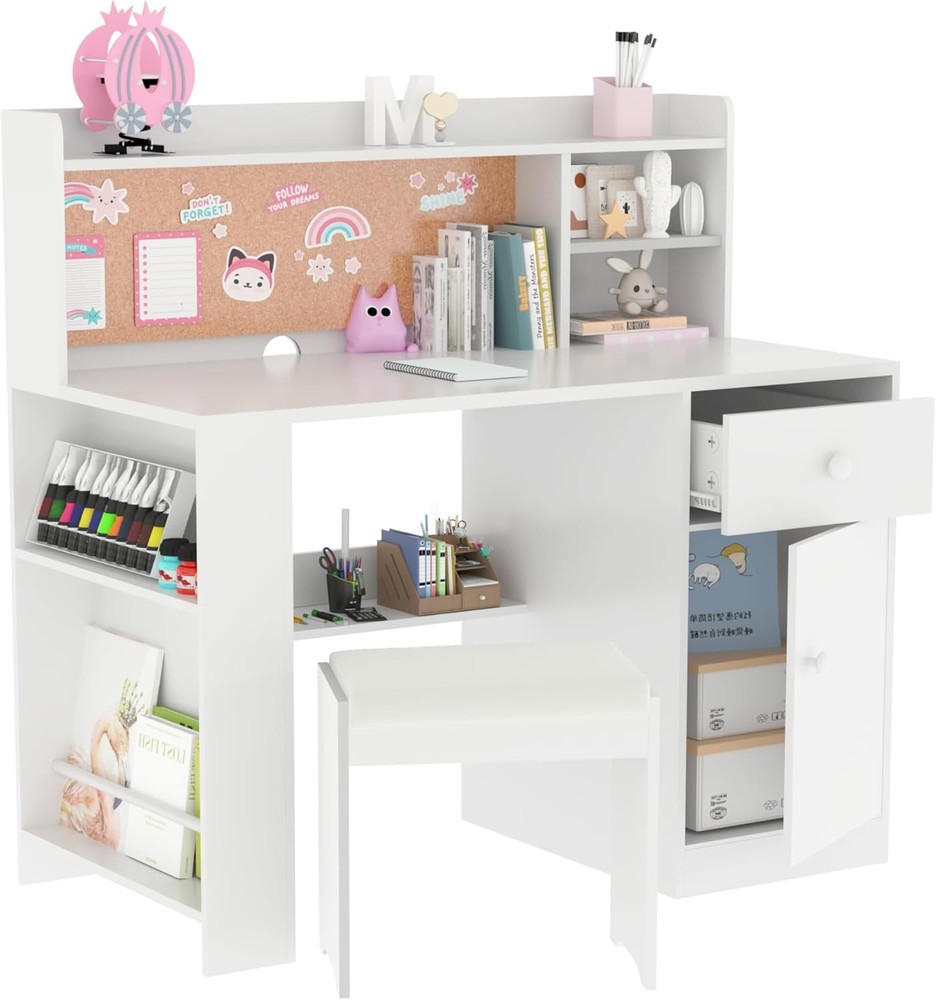 JMMD Kids Study Desk and Chair Set with Hutch in White  
