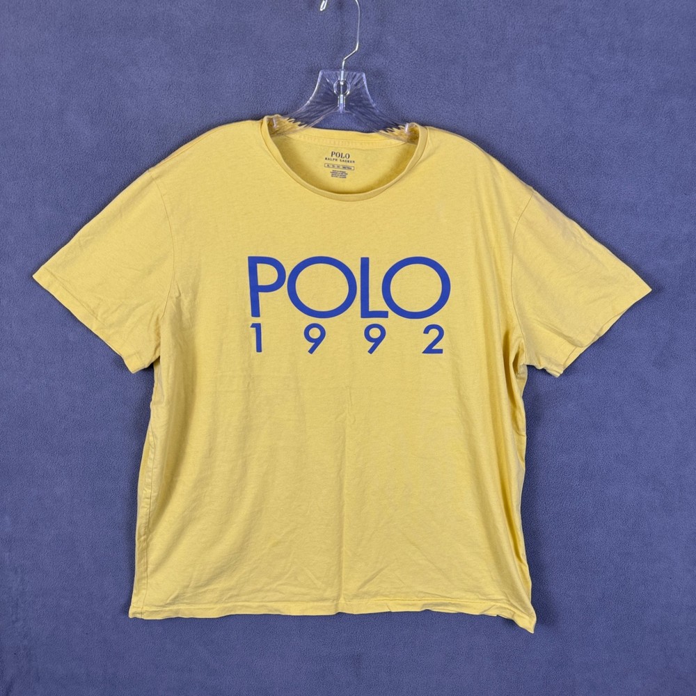 Polo Ralph Lauren Mens T-Shirt XL Yellow w/ Blue Spellout 1992 Read!