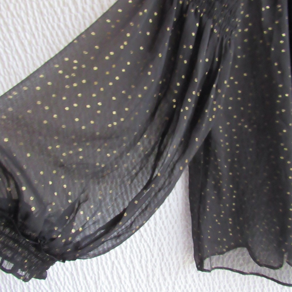 Chiffon Gold Metallic Black Shirt Top Medium Smocked Details Sheer Ann Taylor