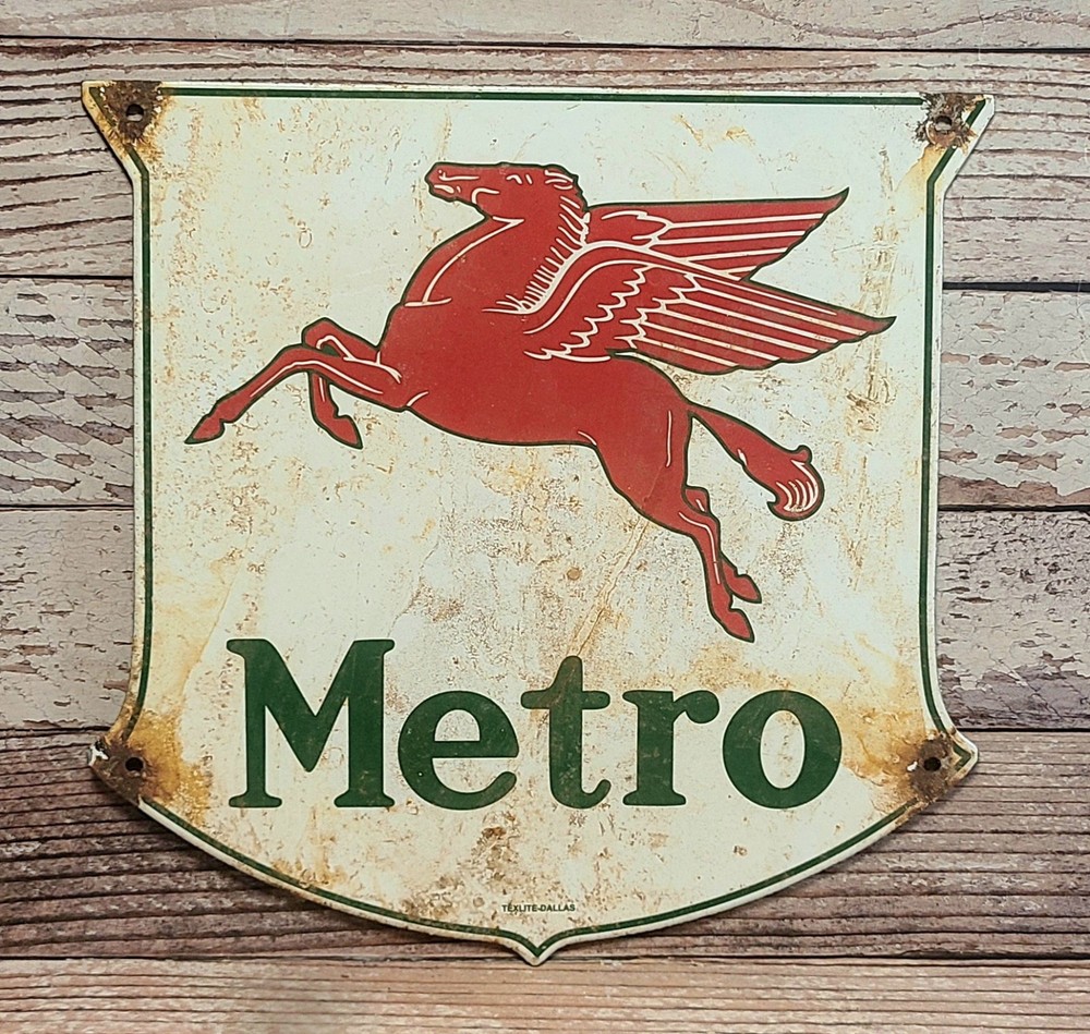 Vintage Mobil Metro Pegasus Porcelain Metal Sign - Texlite Dallas