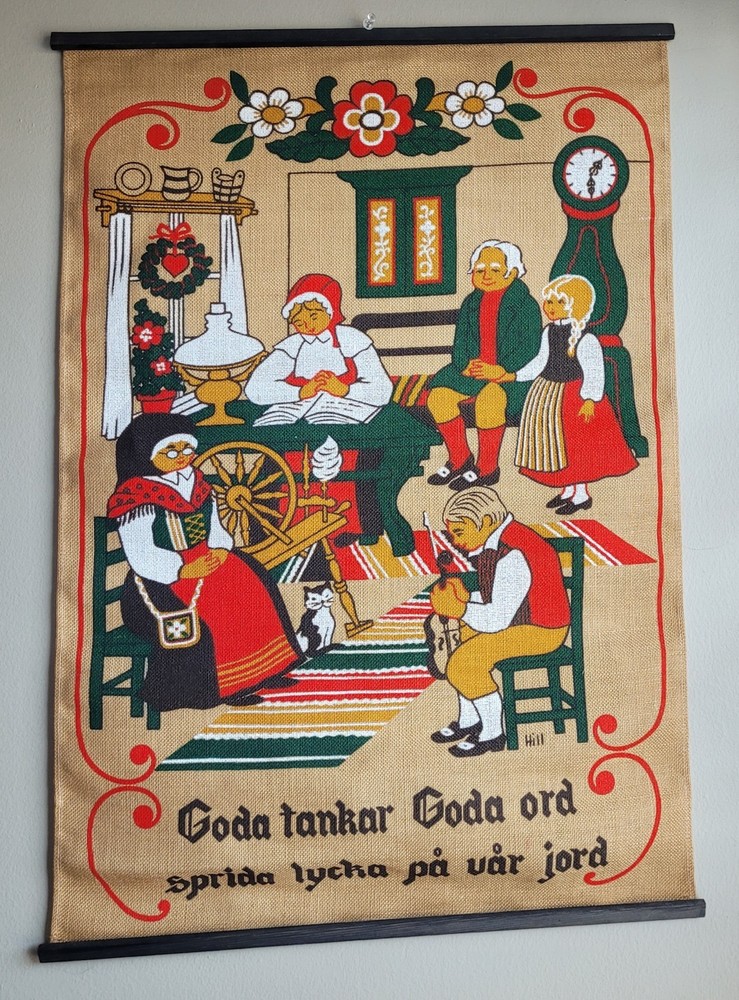 Vintage Scandinavian Folk Art Christmas Wall Hanging Swedish Gnomes Hill Textile
