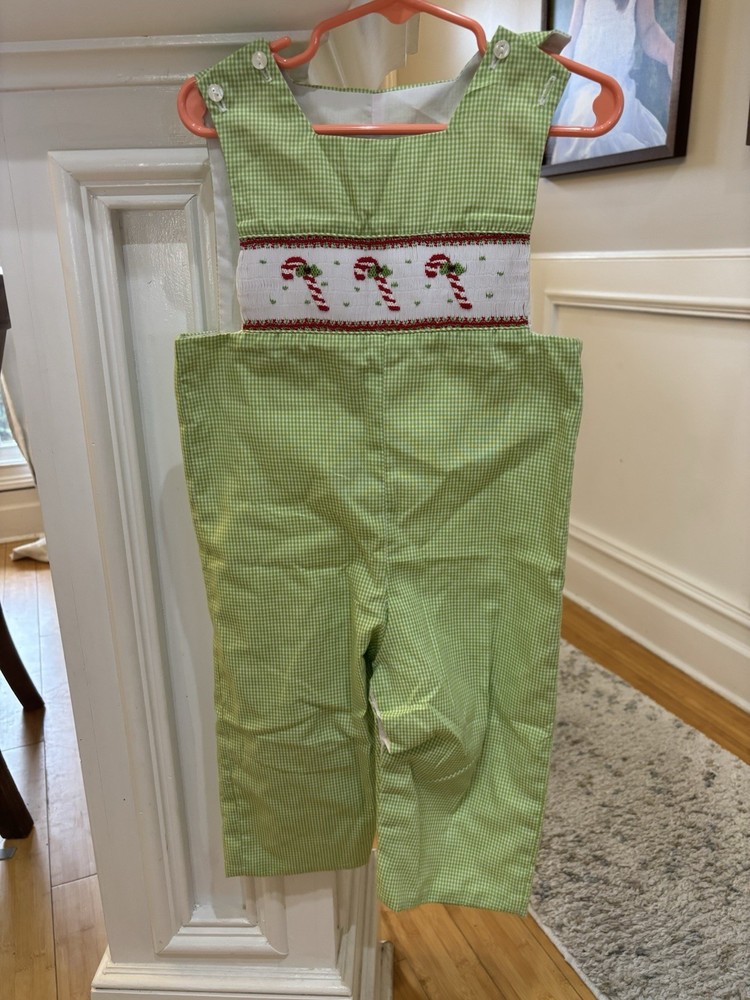 Green And White Smocked Checkered Romper With Christmas Embroidery, Size 2T
