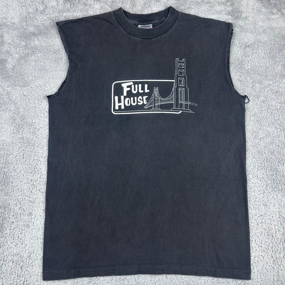 Oneita Full House Muscle Tee Mens XL Black Vintage 90s Cutoff Graphic Shirt USA