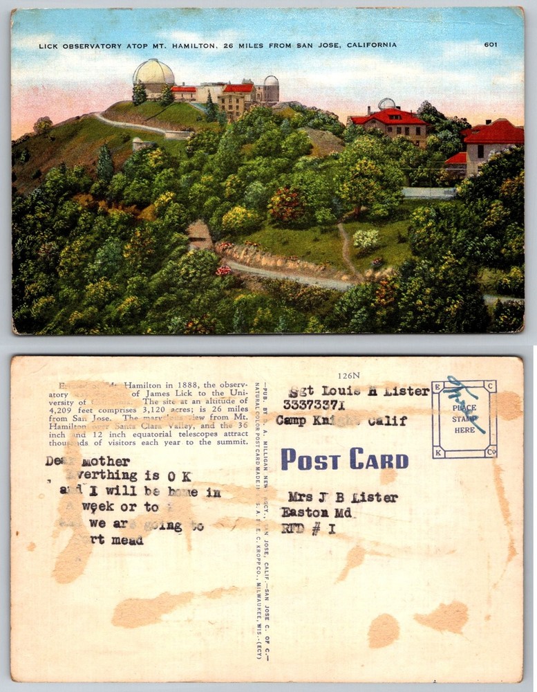 Lick Observatory Mt Hamilton San Jose CA Postcard Vintage Natural Color Kropp