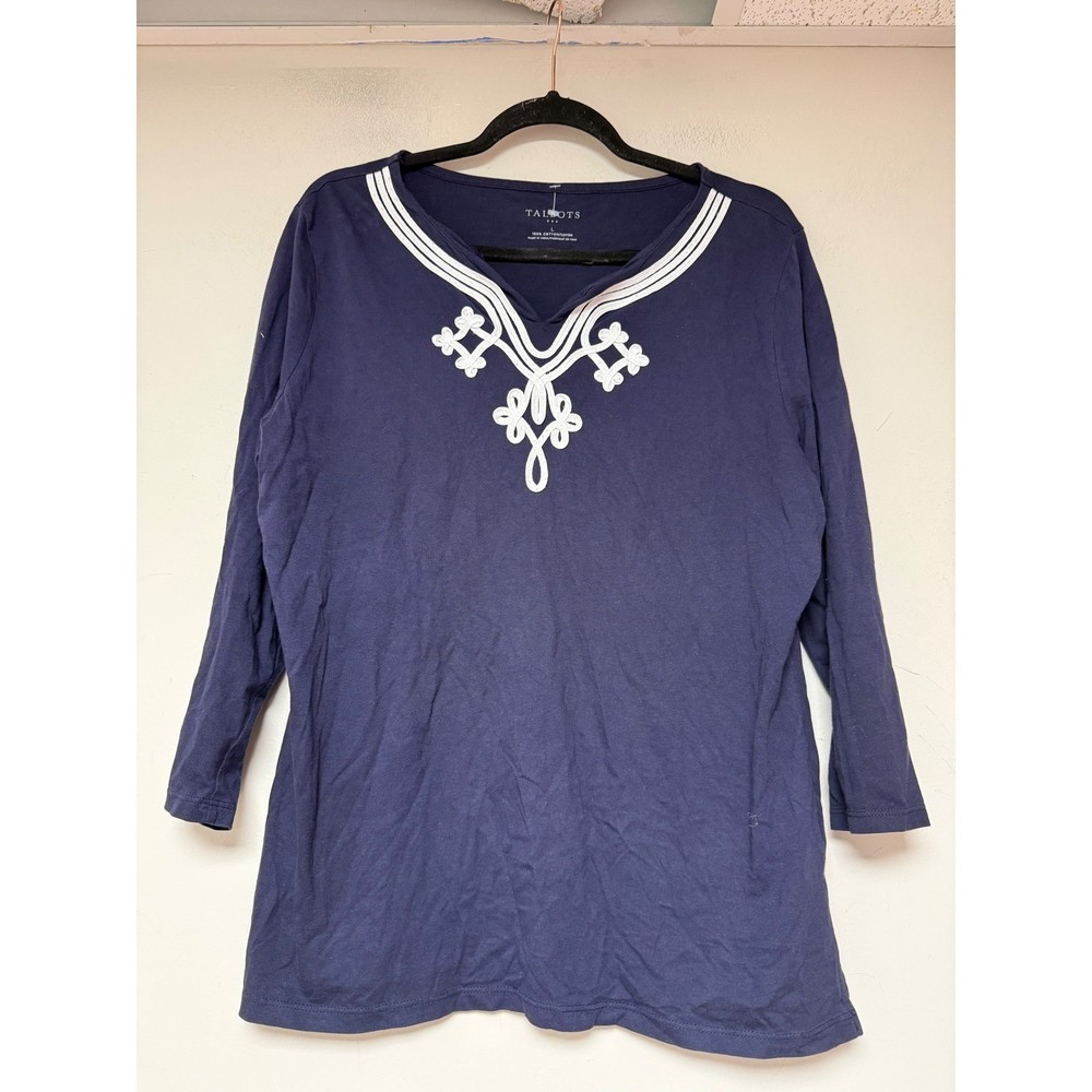 Talbots Embroidered Split Neck Top Womens Large Navy Blue Excellent 3/4 Sleeve