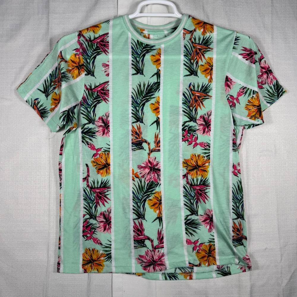 Good Vibes Drill Clothing Co Mens Mint Green Tropical Floral Striped T-Shirt S