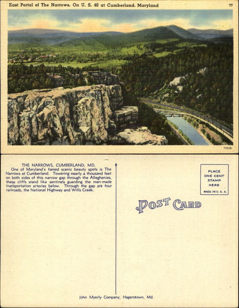 The Narrows on US 40 Cumberland Maryland MD aerial view 1930s vintage postcard