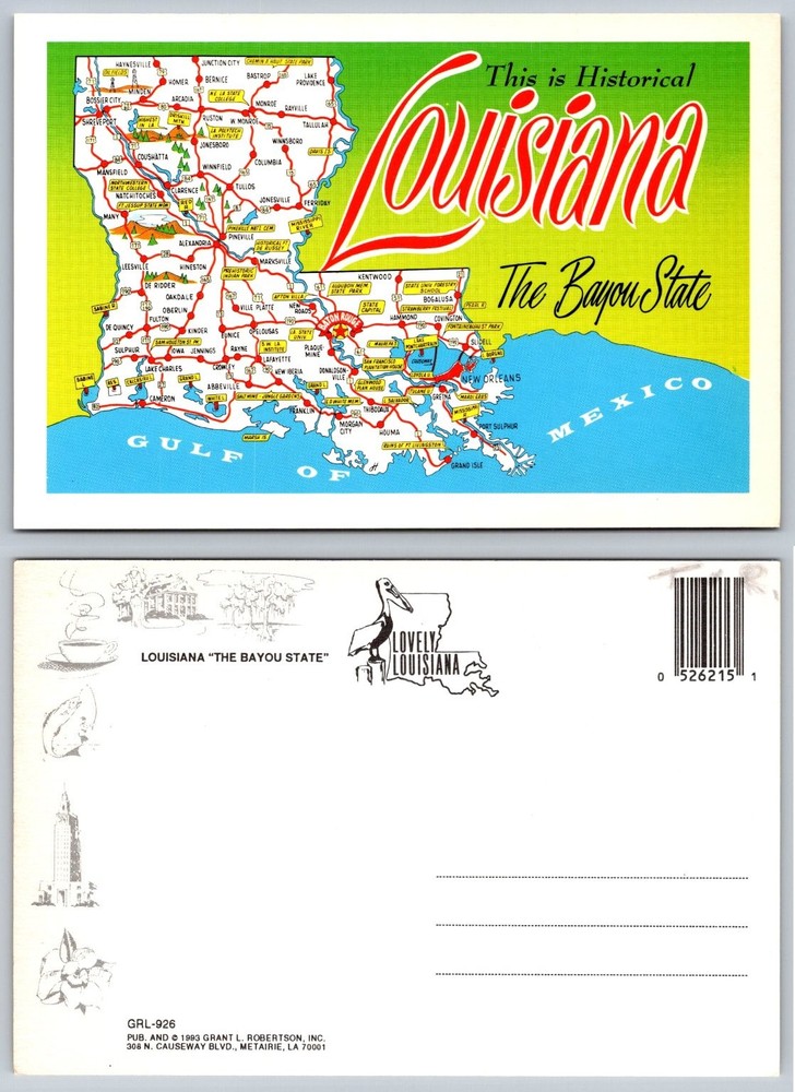 1983 Louisiana The Bayou State Historical Map Souvenir Postcard Unposted
