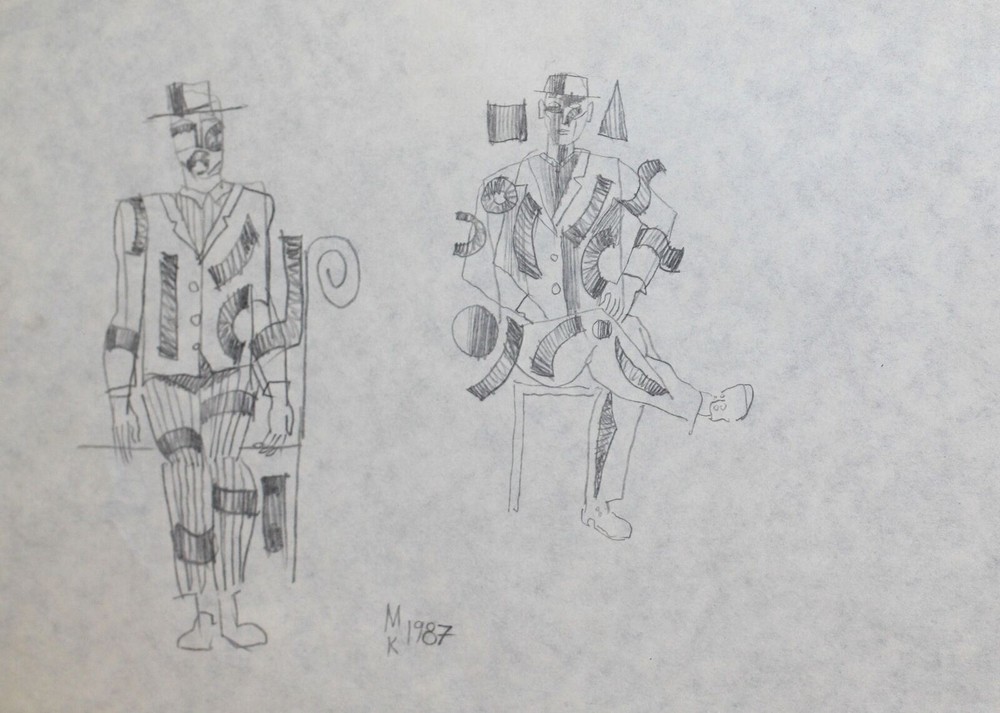 Unique signed abstract pencil drawing of male figures-image