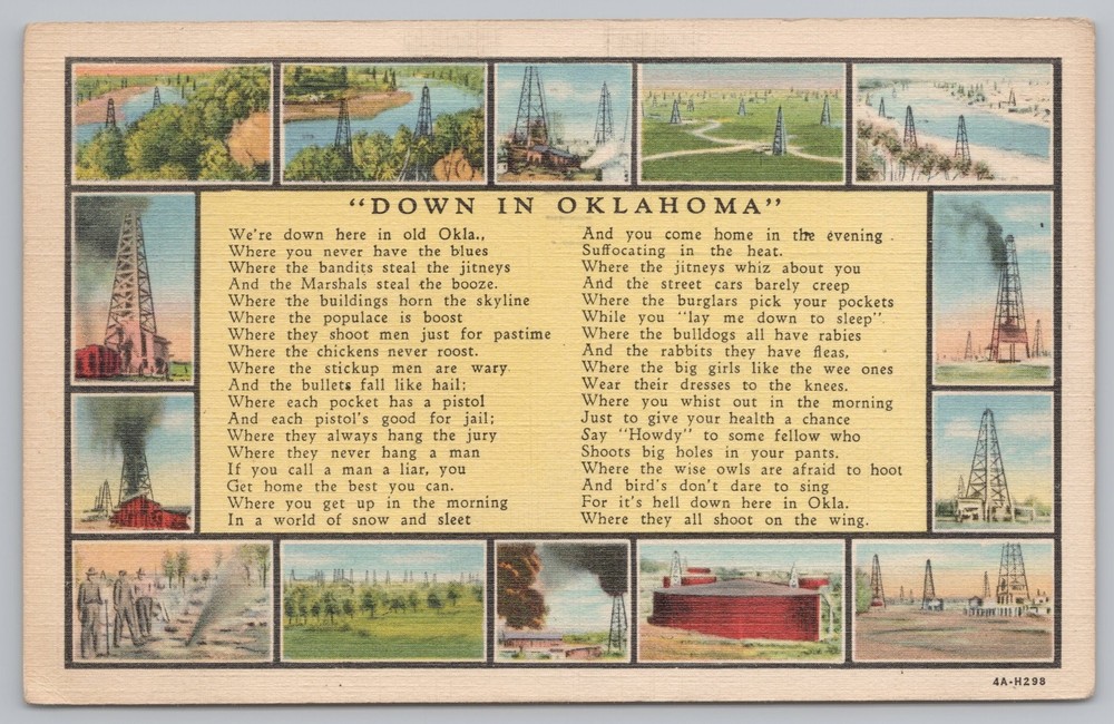Oklahoma~Oil Well Mini Views~Down in Oklahoma Poem~Linen Vintage Postcard