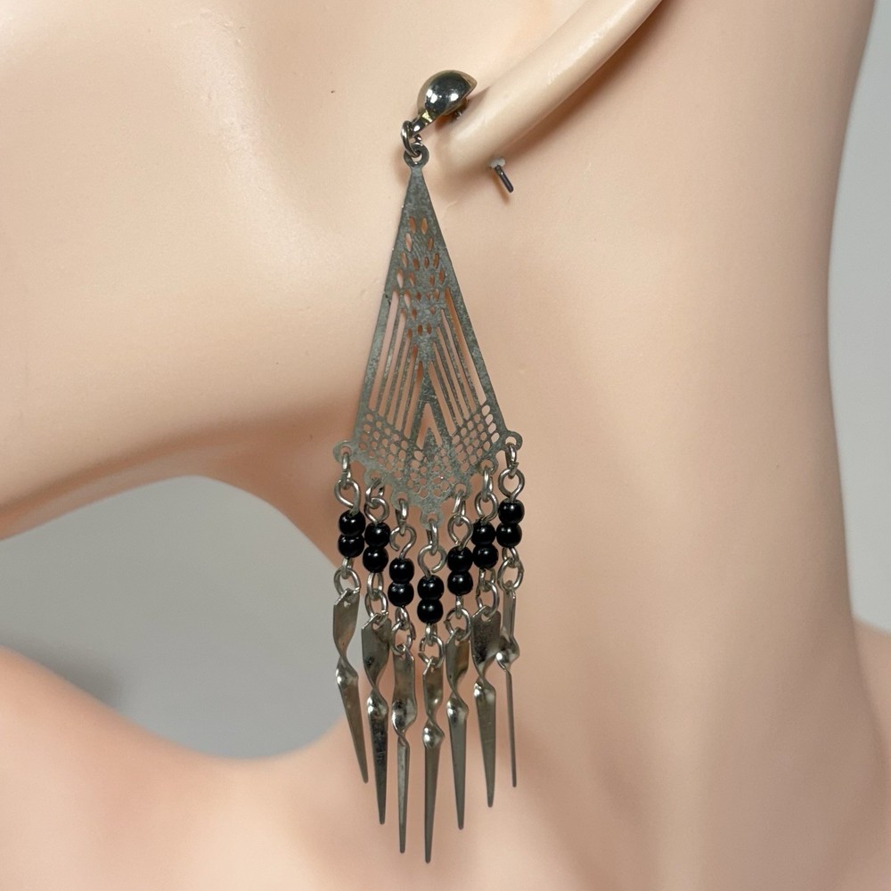 Vintage Silver Tone Black Beaded Chandelier Pierced Dangle/Drop Earrings 3.5