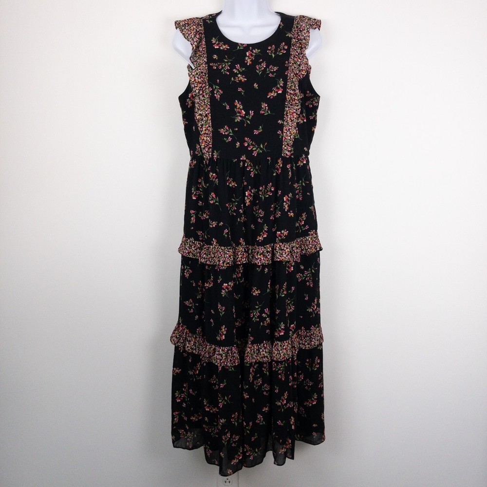J Crew Dark Floral Cottage Tiered Maxi Dress Womens Size 4 Black Ruffle New
