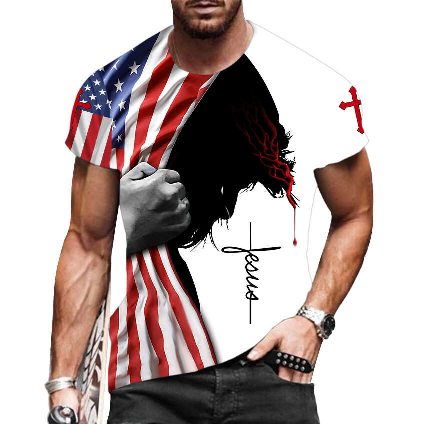 T Shirts Jesus Cross American USA Flag Fashion White Blue Red Graphic Silky Soft