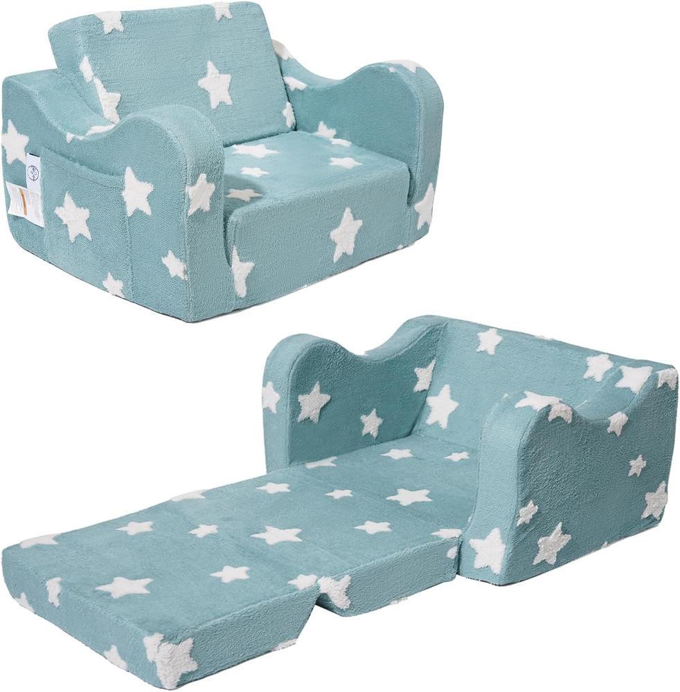 Toddler Couch 2-In-1 Fold Out | Convertible Kids Sofa to Lounger Bed Green