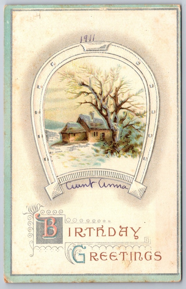 Birthday Greetings~Winter Farm House In Horseshoe Frame~Emb~Vintage Postcard