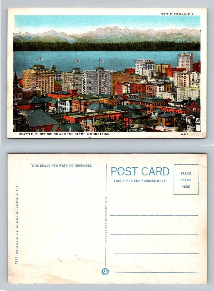Seattle, WA-Washington, Puget Sound Olympic Mountains Skyline Vintage Postcard