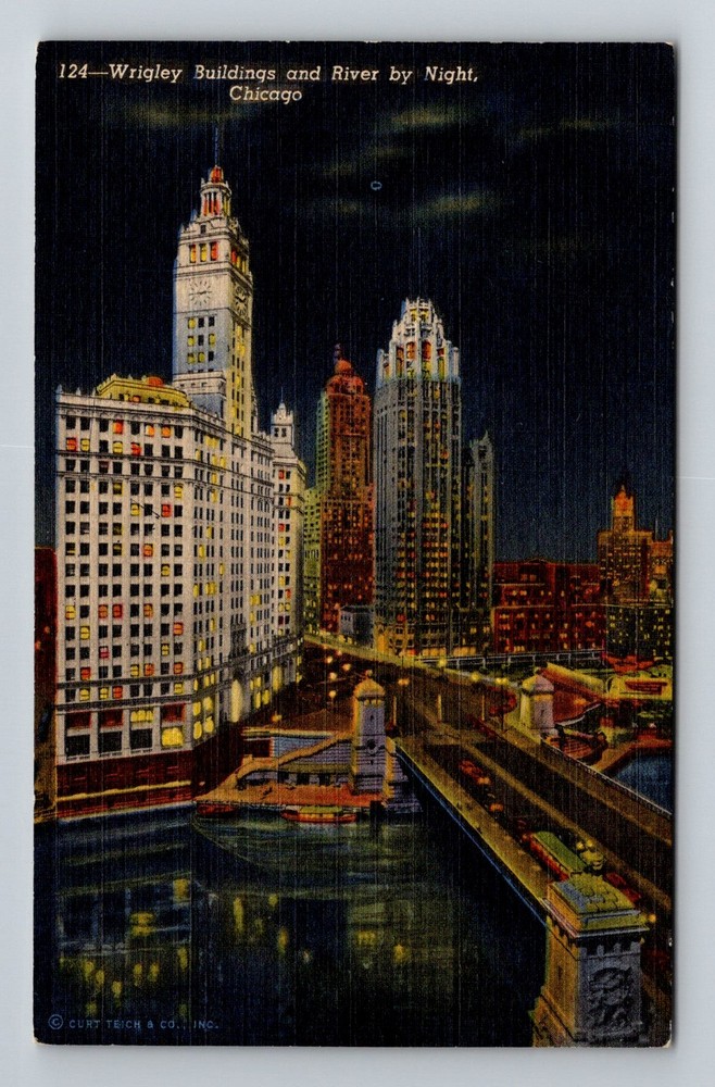 Chicago, IL-Illinois, Wrigley Buildings River By Night Skyline Vintage Postcard