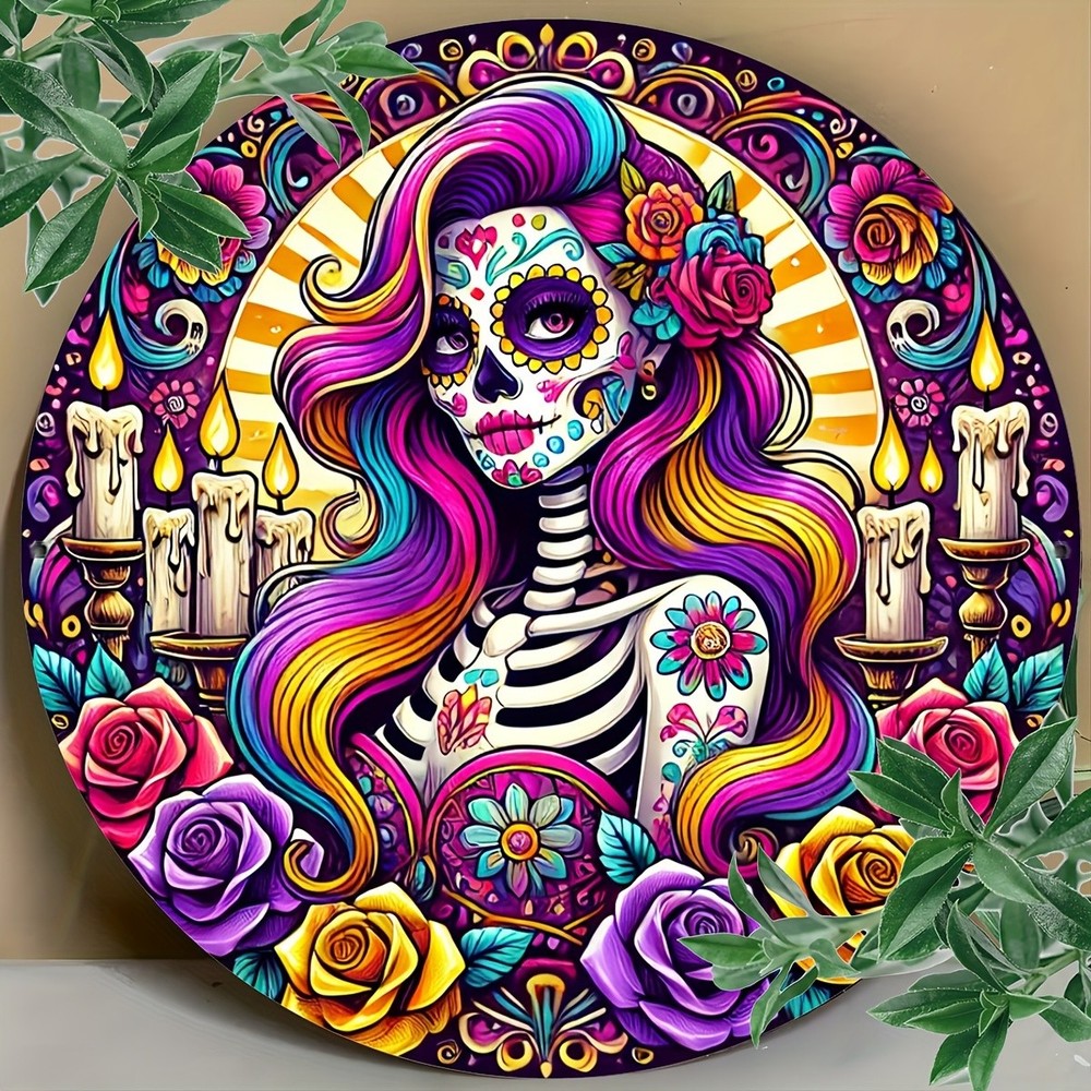 Tin Metal Signs Mexican Day of the Dead Sugar Skull Foil Engraved Aluminum Sign