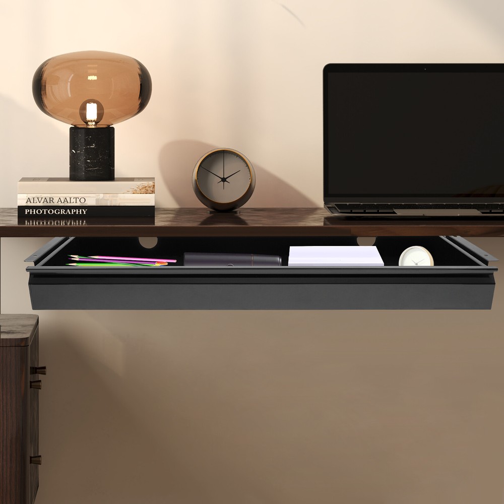 Iron Rectangular Under Desk Mounted Sliding Pull-out Drawer Storage Organizer