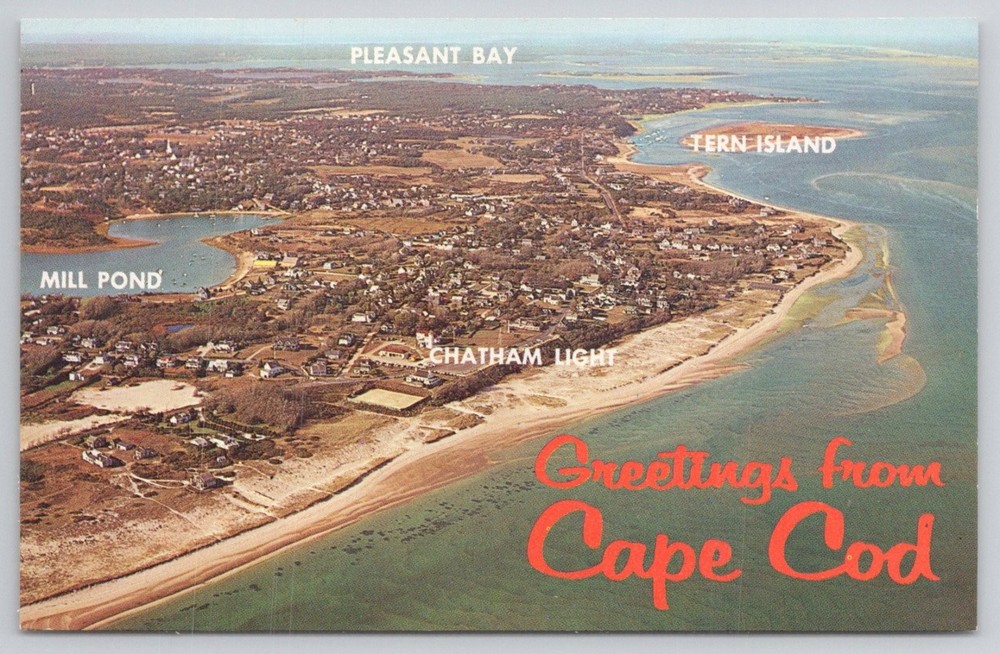 Vintage Greetings from Cape Cod MA Aerial View Chatham Light Postcard 1978