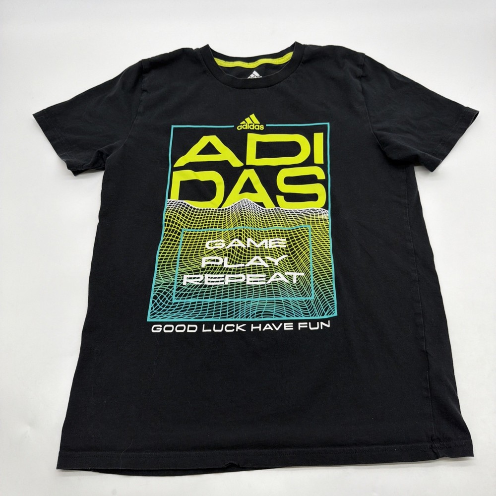 Adidas T-shirt Youth Boys L 14/16 Y Black Graphic Print Logo 100% Cotton.#39733