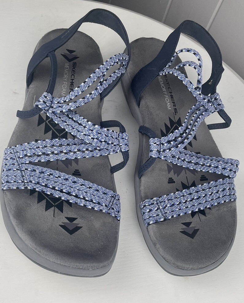 Skechers Womens Reggae Sandal Size 10 Blue White Stretch Slingback with Memory Foam