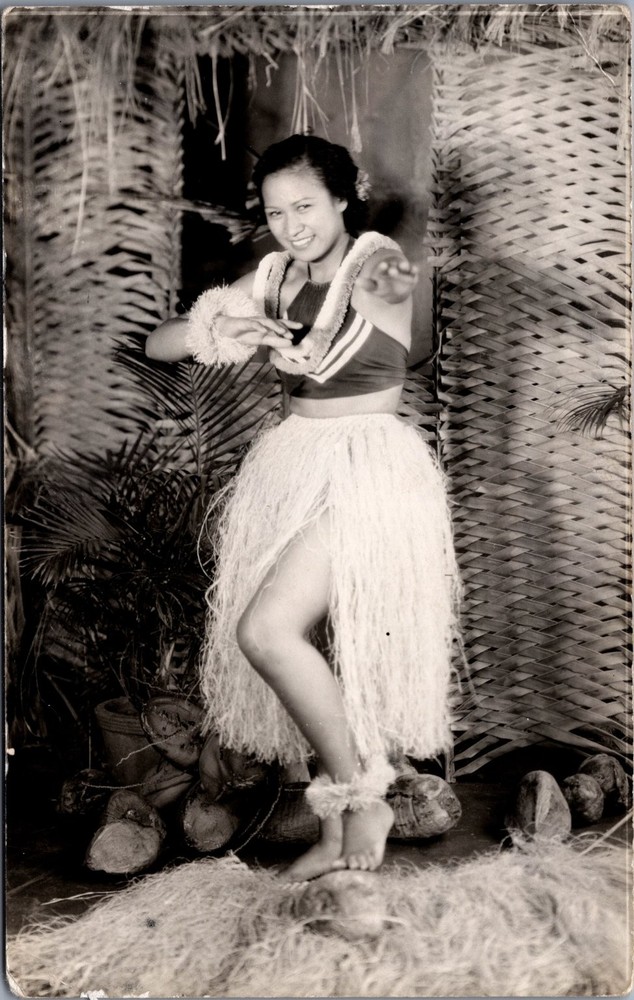 Vintage AZO Real Photo Postcard Hula Dancer Woman Hawaiian Grass Skirt Lei RPPC