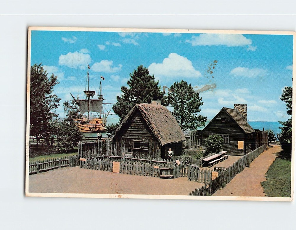 Postcard Replicas of Pilgrim Houses and Mayflower II Plymouth Rock Massachusetts