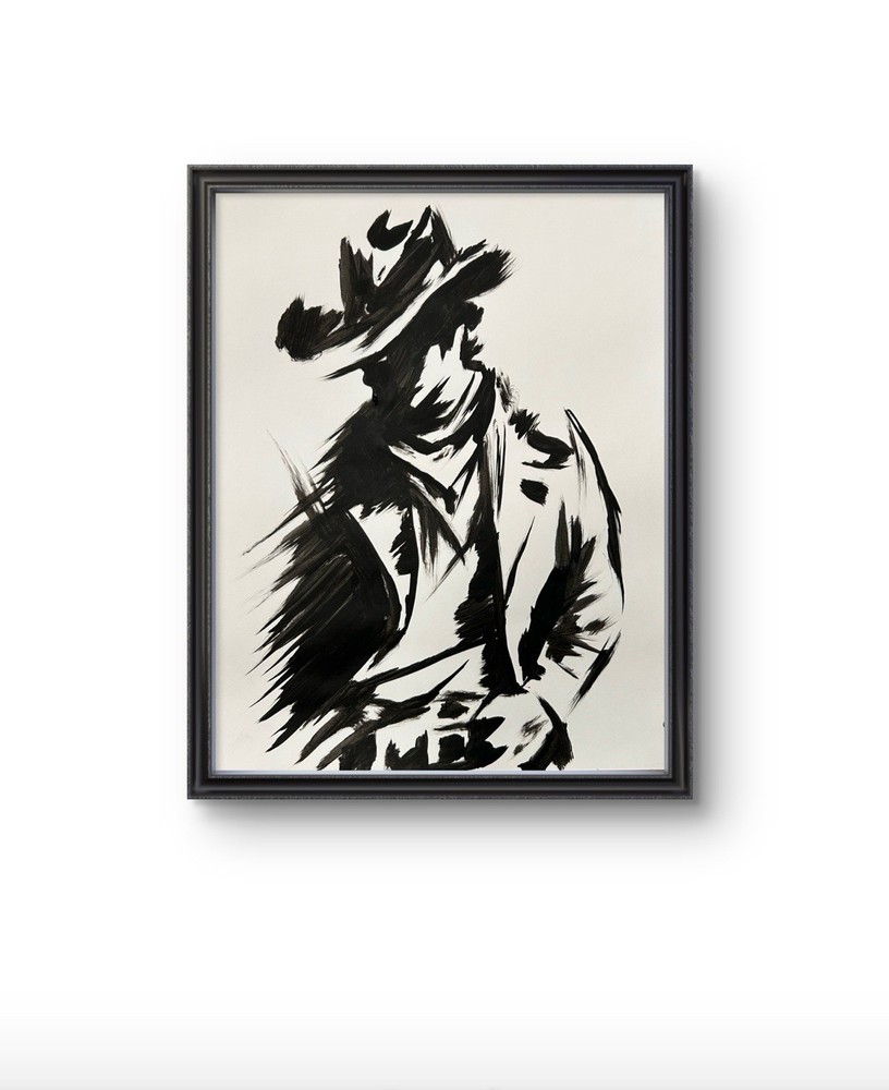 Original Abstract  Black Cowboy Painting 14x11 paper modern Wall Art Home Decor