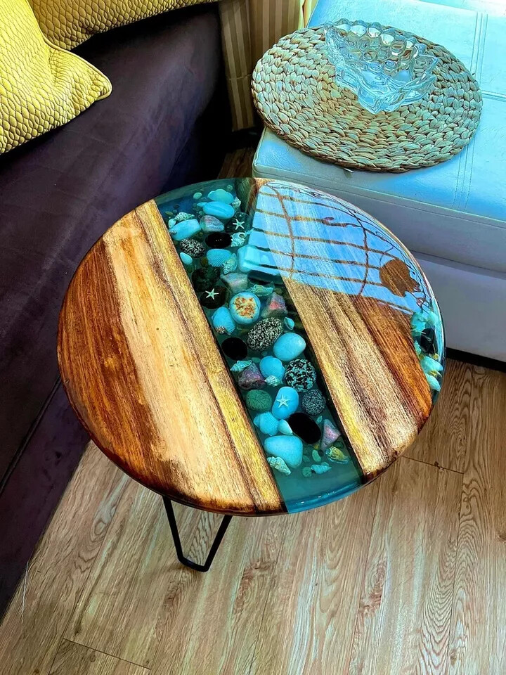 Wooden Table ,Pebbles Clear Resin Epoxy Table Top, For Home Decor