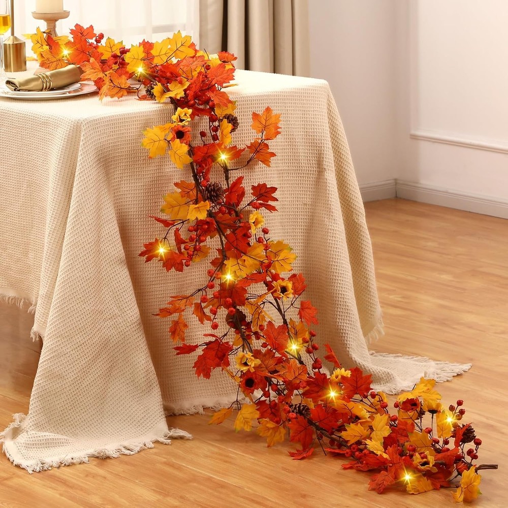 13.2ft Autumn Maple Leaf Garland with 50 Warm LED Lights