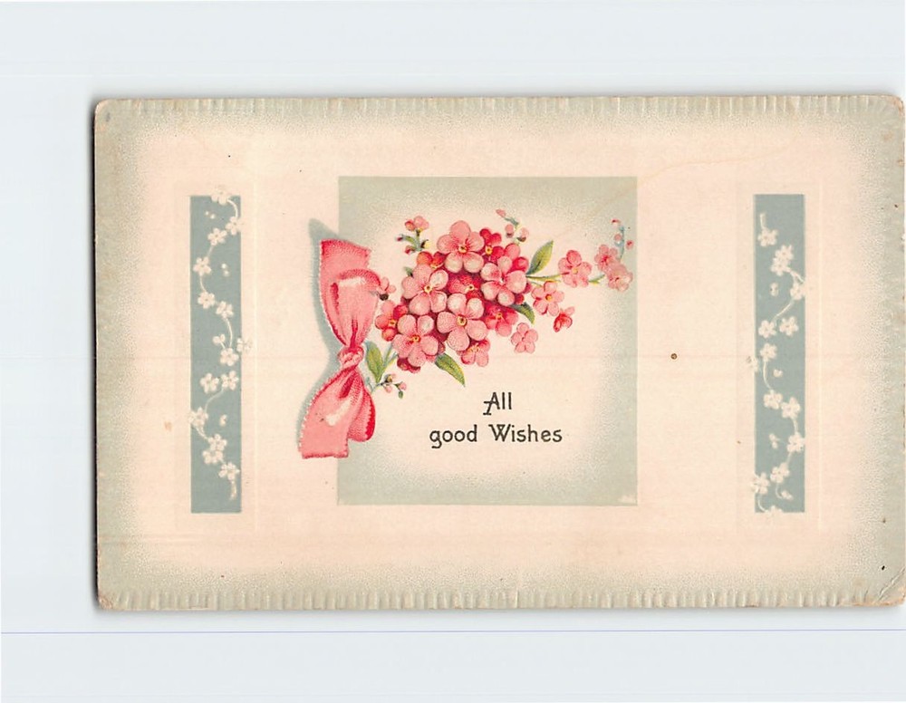 Postcard Embossed Floral Art Print All Good Wishes Greeting Card