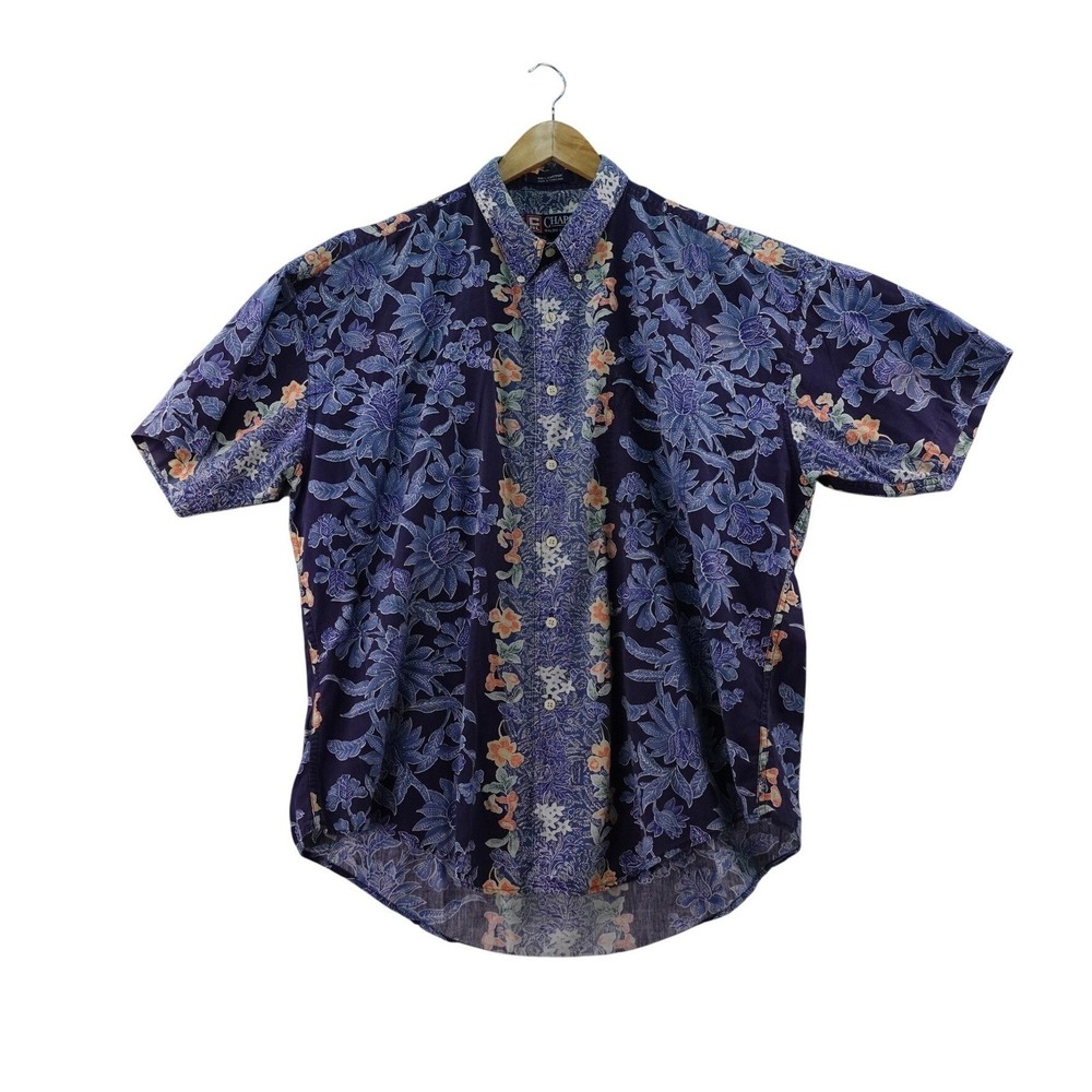 Chaps Ralph Lauren Men's XL Navy Floral Short Sleeve Button Up Shirt 100% Cotton