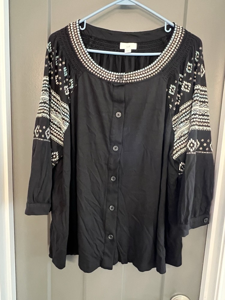 J Jill Embroidered Tunic Top Shirt Size XL Black Knit Cotton Blend Button Up