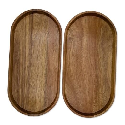Acacia Wood Serving Tray with Raised Edge - Set of 2, Natural Wood Platter for-image