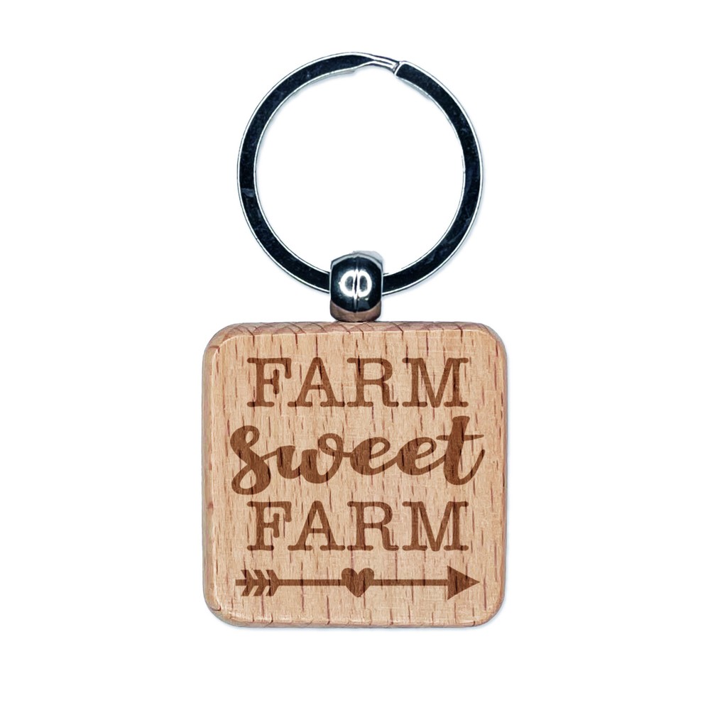 Farm Sweet Farm with Arrow and Heart Engraved Wood Square Keychain Tag Charm