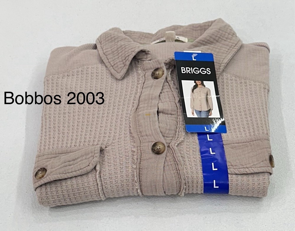 Briggs Women's Waffle Button-Front Long Sleeves Pockets Shirt, Tan, Size L