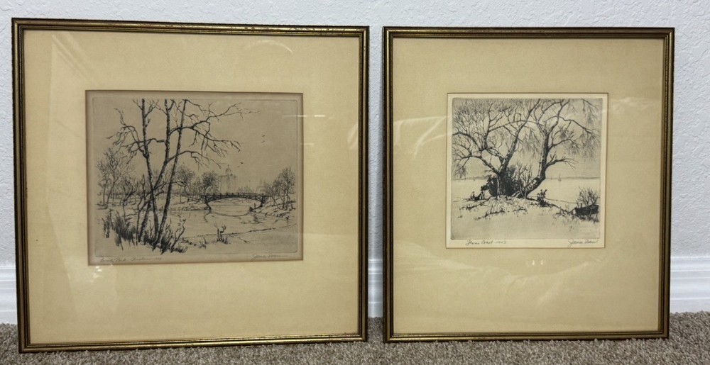 Vintage Framed Etching Prints JamesSwann Signed Lincoln Park 1938TexasCoast 1943