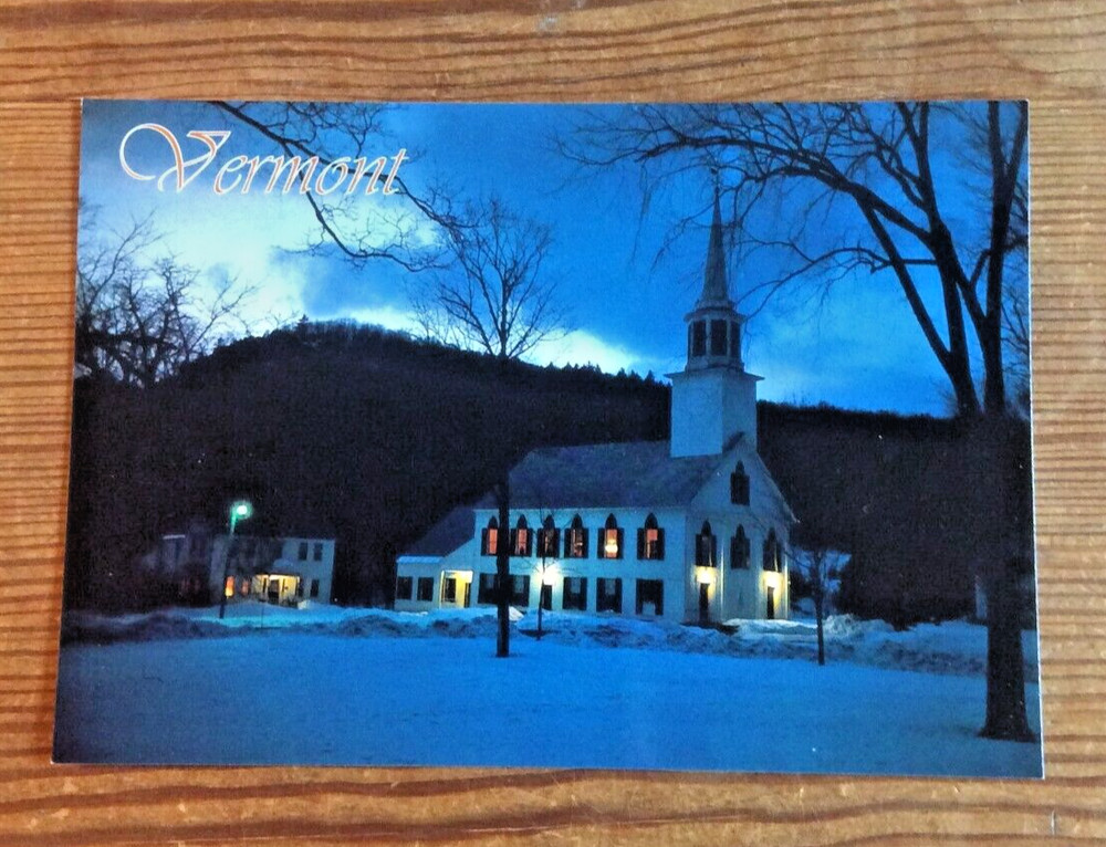 Postcard Townshend Vermont Lighted Church Winter Snow By Alois Mayer