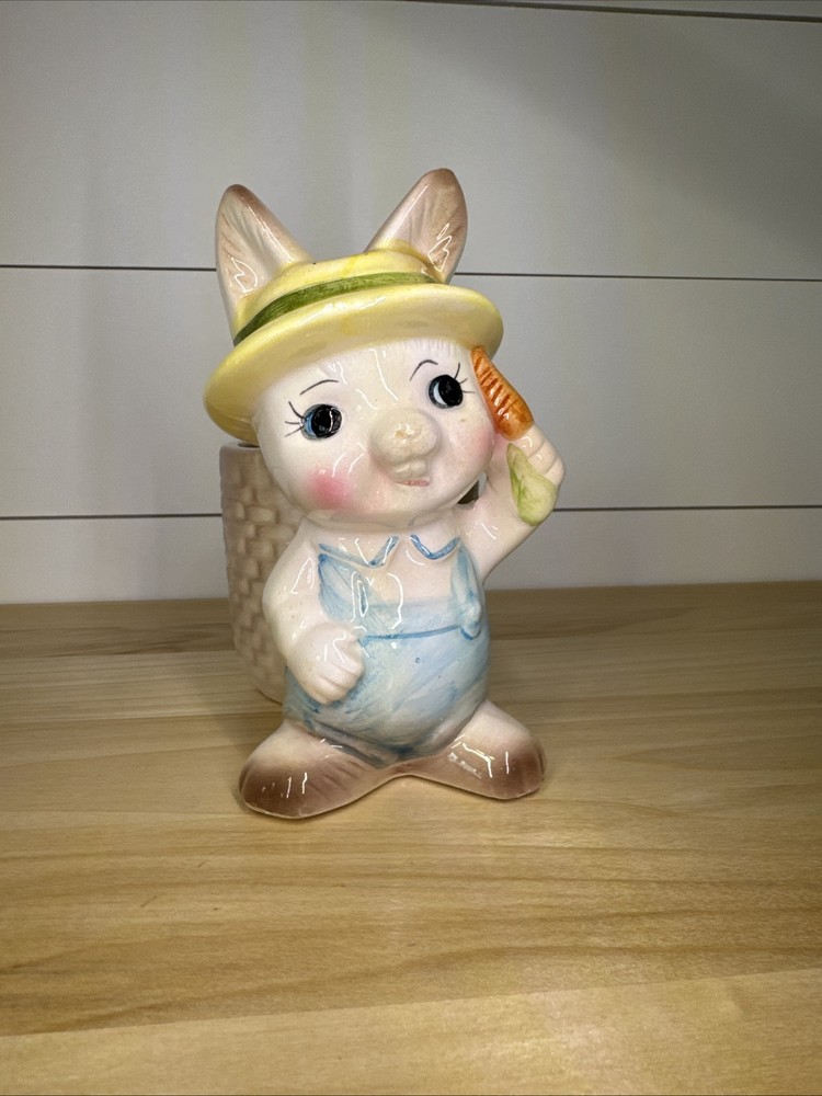 Vintage Ceramic Farmer Easter Bunny Rabbit Planter Pot Decoration 6