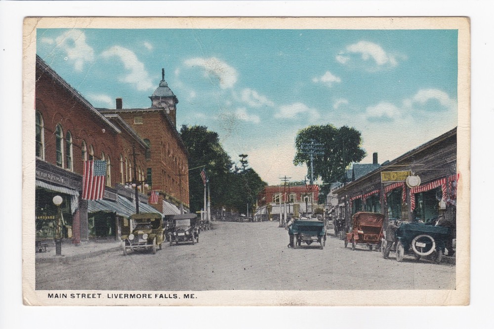 Main Street Livermore Falls Maine Storefronts White Border Postcard