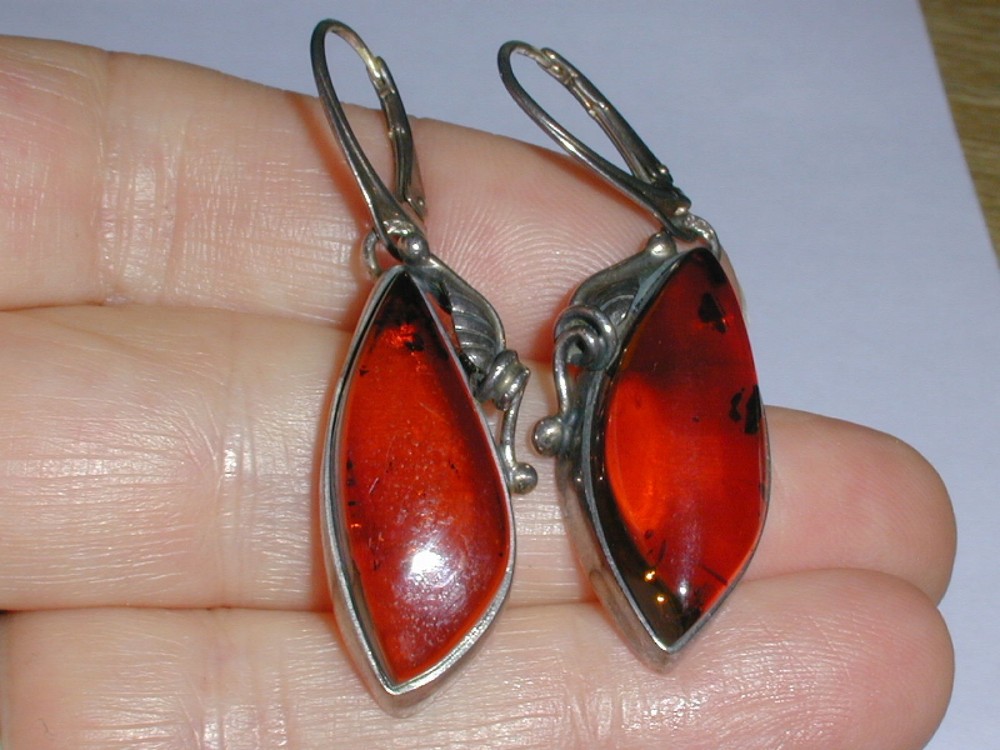 Vintage Amber Sterlng Silver Art Deco Style Dangle Earrings W/ Inclusions!