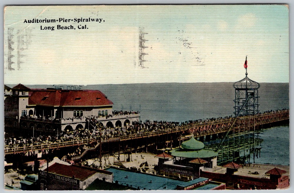 Antique Postcard Auditorium Pier Spiralway Tower Long Beach, CA 1910s