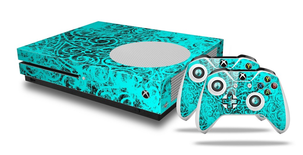 Skin for XBOX One S Console Controller Folder Doodles Neon Teal Vinyl Decal