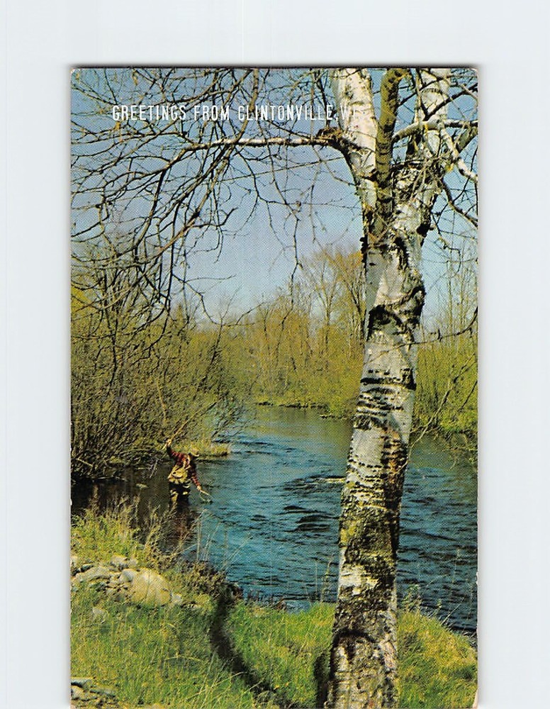 Postcard Trout Fishing Scene Greetings from Clintonville Wisconsin USA