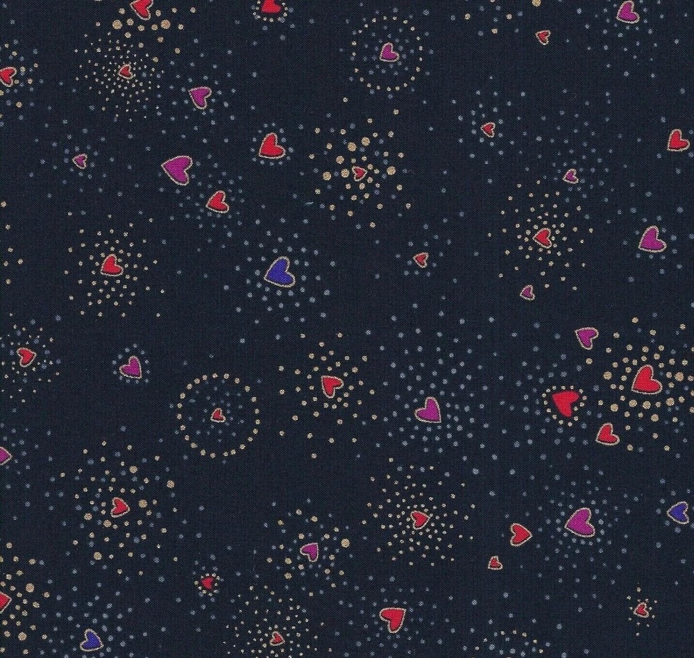 Laurel Burch Basics HEART on BLACK Metallic Fabric By the FQ - 1/4 YD